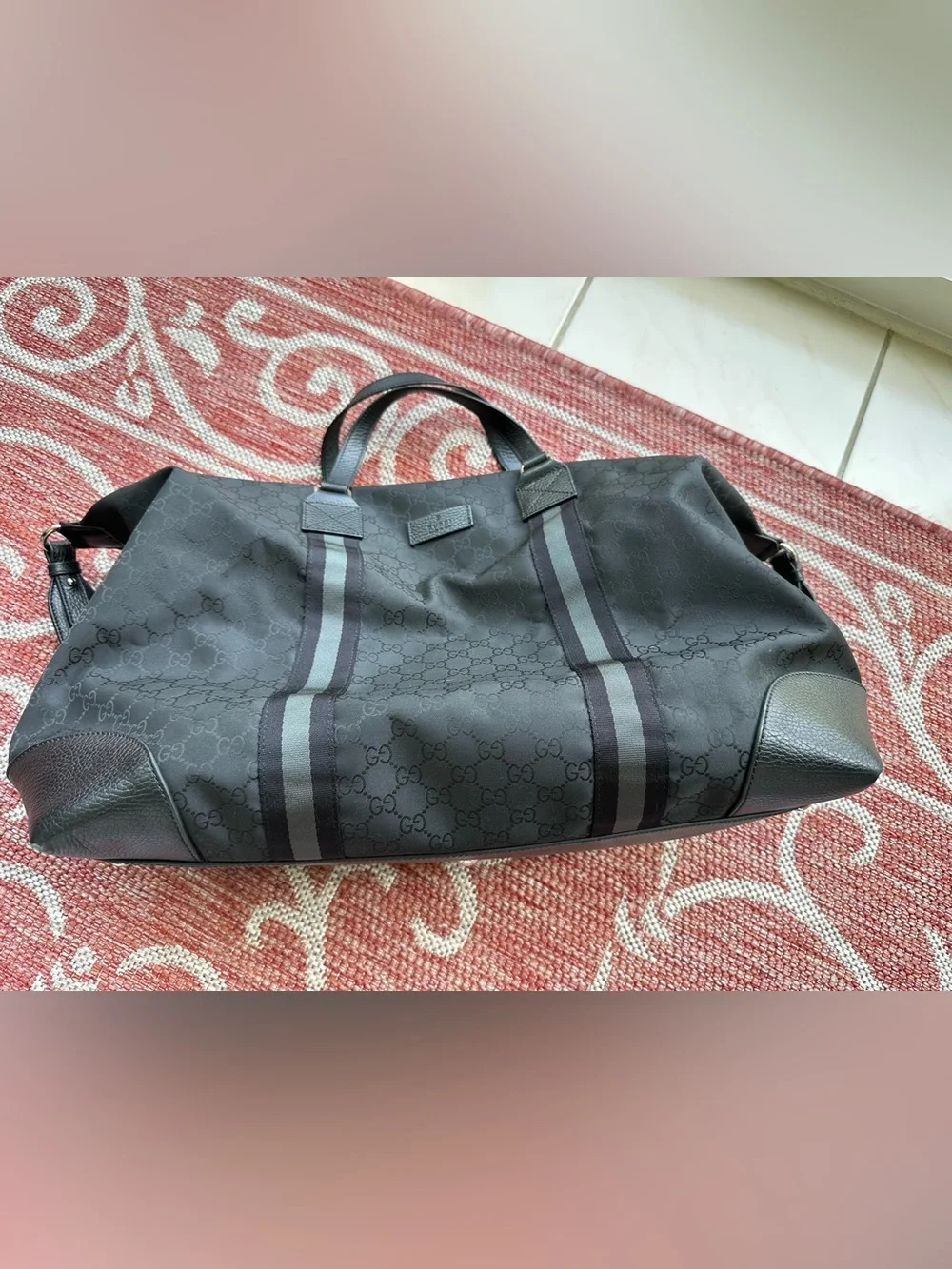 Gucci GG Nylon Duffle Bag Black Leather Trim Travel Weekender Shoulder Bag